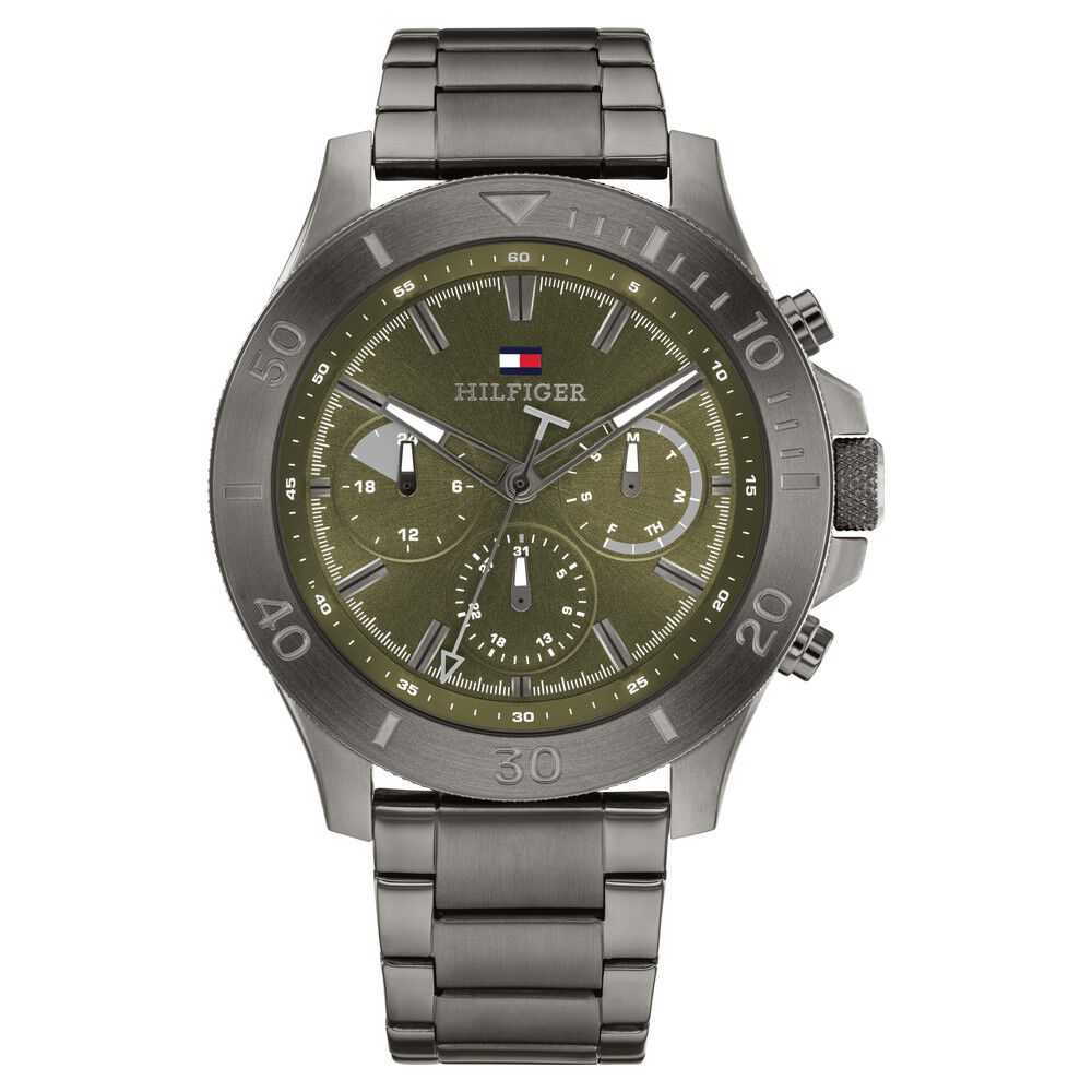 Buy Online Tommy Hilfiger Quartz Multifunction Green Dial Grey Stainless Steel Strap Watch for Men th1792115 Titan