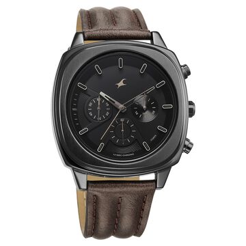 Fastrack Kronos Chronograph Black Dial Brown Leather Strap Watch For Guys