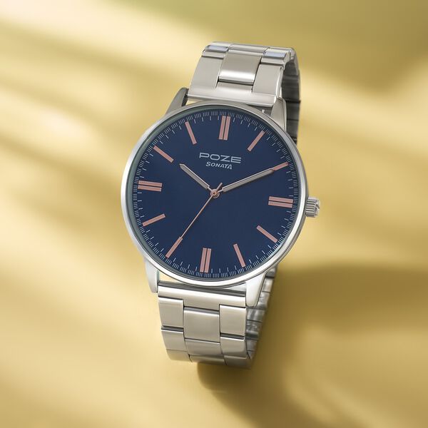 Sonata Poze Quartz Analog Blue Round Dial Silver Metal Strap Watch For Men - image number 0