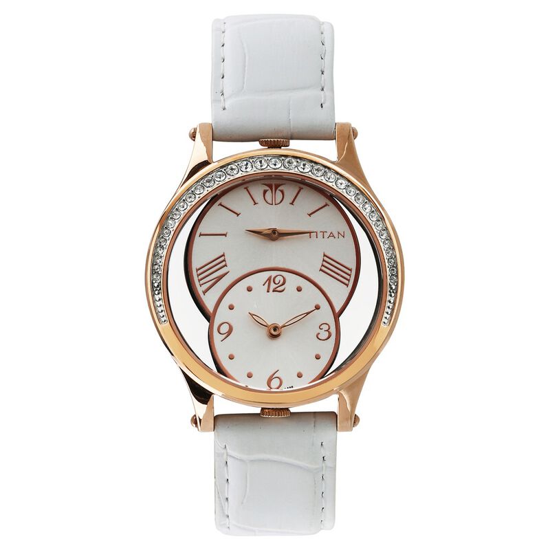 Titan Quartz Analog White Dial Leather Strap Watch for Women
