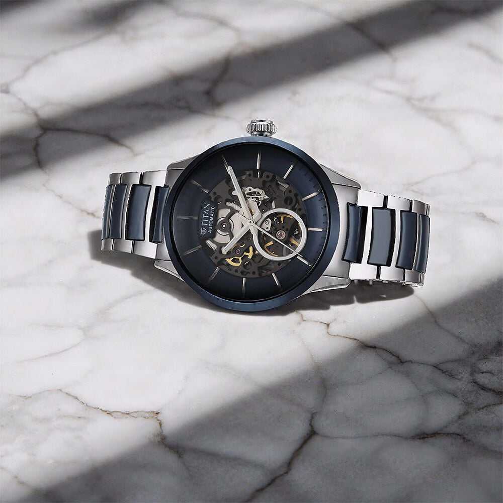 Titan Ceramic Fusion Automatic Blue Dial Silver Dual-Toned Stainless Steel Bracelet Watch for Men-image-7