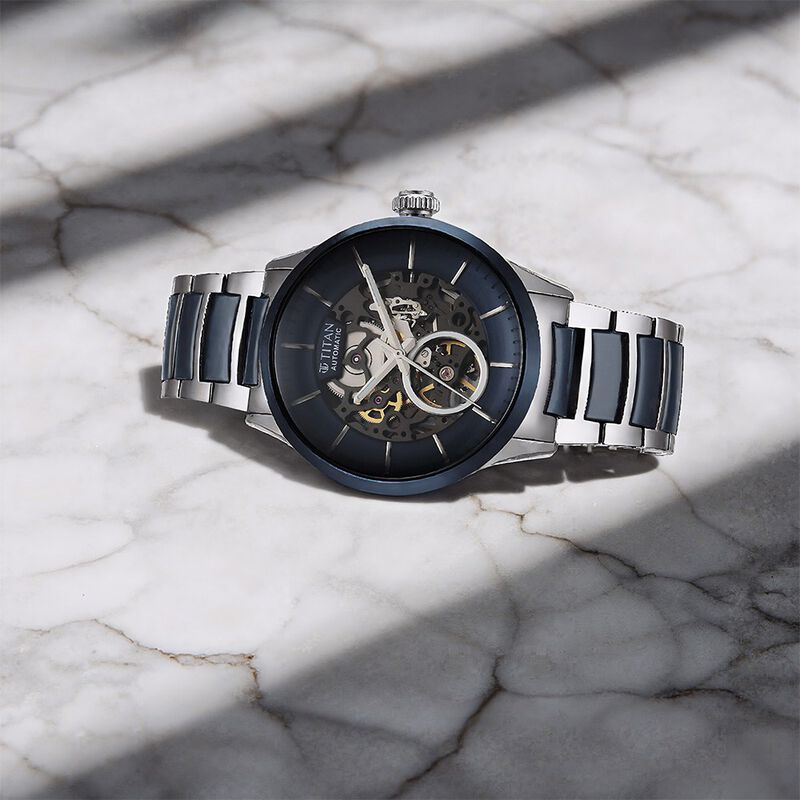 Titan Ceramic Fusion Automatic Blue Dial Silver Dual-Toned Stainless Steel Bracelet Watch for Men