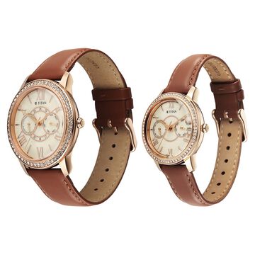 Titan Royal Bandhan Quartz Analog with Day and Date Pink Dial Brown Strap Watch For Couple