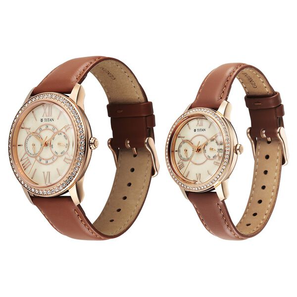 Titan Royal Bandhan Quartz Analog with Day and Date Pink Dial Brown Strap Watch For Couple - image number 2