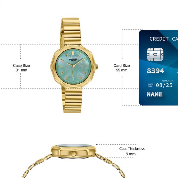 Poze Poze Quartz Analog Green Dial Golden Stainless Steel Strap Watch For Women - image number 3