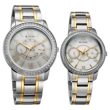 Titan Royal Bandhan Quartz Analog with Day and Date White Dial Two Toned Strap Watch For Couple
