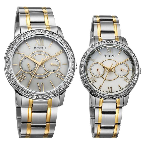 Titan Royal Bandhan Quartz Analog with Day and Date White Dial Two Toned Strap Watch For Couple - image number 1