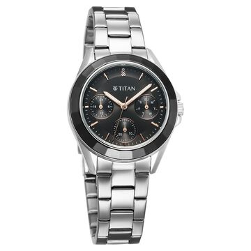 Titan Glamour Quartz Multifunction Black Dial Silver Stainless Steel Strap Watch For Women