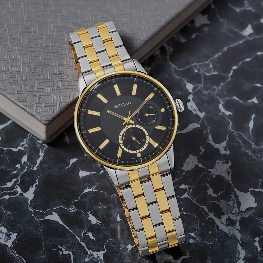 Titan Regalia Opulent Multifunction Black Round Dial Two Toned Stainless Steel Strap Watch For Men-image-47