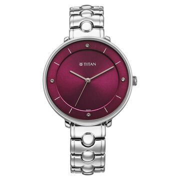 Titan Workwear Quartz Analog Maroon Dial Silver Colour Metal Strap Watch For Women