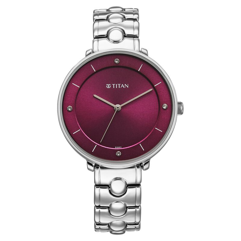 Titan Workwear Quartz Analog Maroon Dial Silver Colour Metal Strap Watch For Women