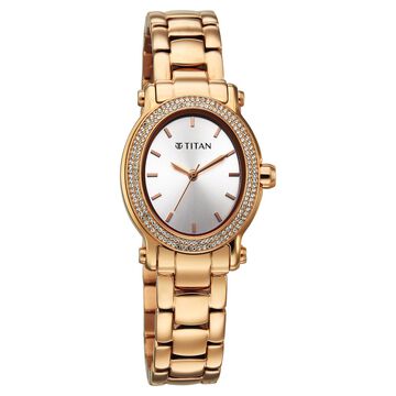 Titan Purple Glamour Quartz Analog Silver Dial Rose Gold Stainless Steel Strap Watch For Women