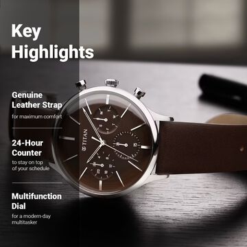 Titan Quartz Multifunction Brown Dial Leather Strap Watch for Men