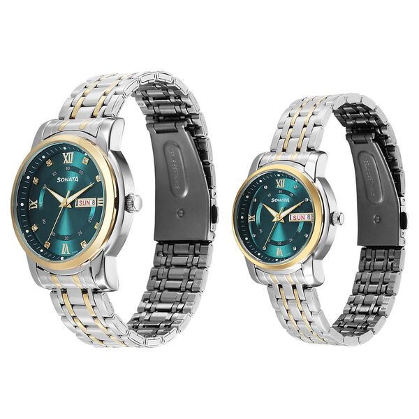 Sonata Perfect Pairs Quartz Analog Teal Dial Two Toned Metal Strap Watch For Couple - image number 1