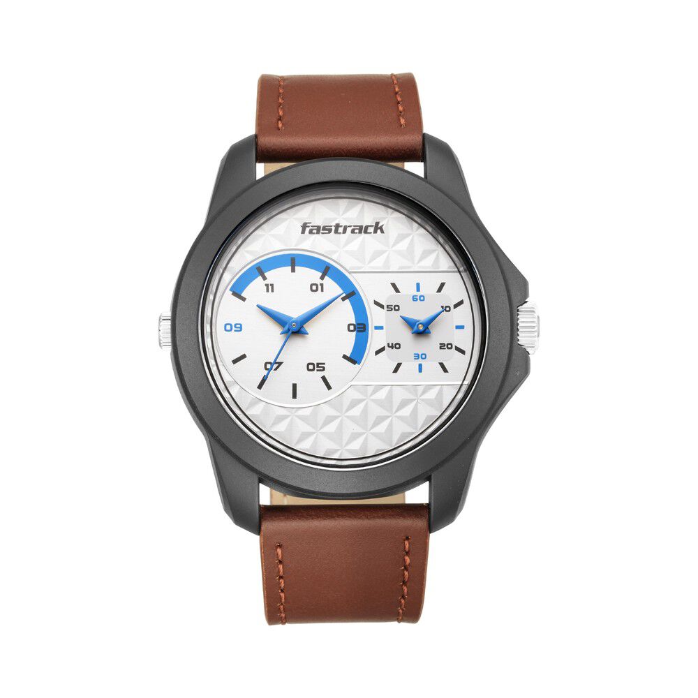 Buy Online Fastrack Dual Time Quartz Analog White Dial Leather Strap Watch for Guys np38042pl01 Titan