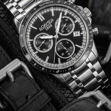 Roamer Mercury Chrono Quartz Chronograph With Date Black Dial Silver Stainless Steel Strap Watch For Men