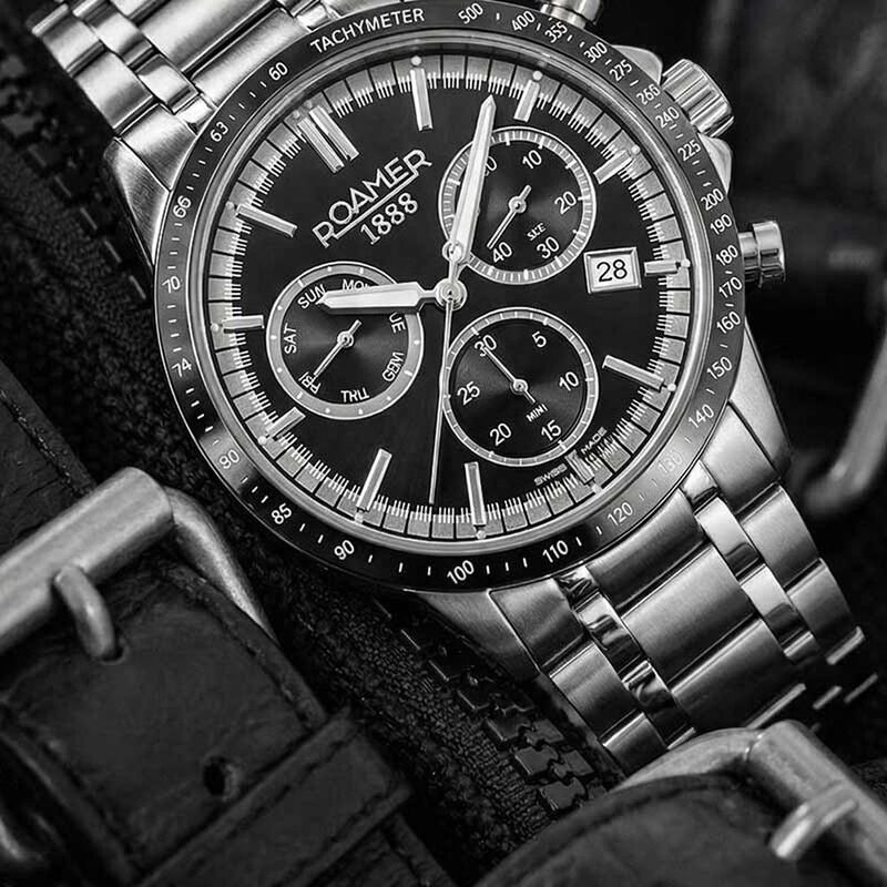 Roamer Mercury Chrono Quartz Chronograph With Date Black Dial Silver Stainless Steel Strap Watch For Men