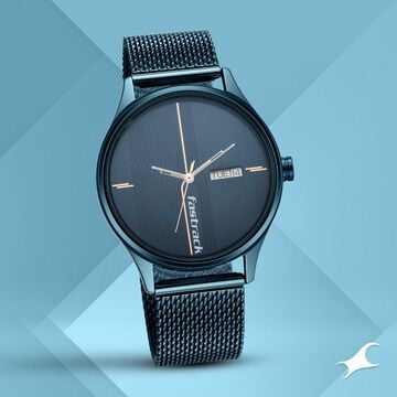 Fastrack Style Up Quartz Analog with Day and Date Blue Dial Stainless Steel Strap Watch for Guys