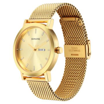 Sonata Utsav Quartz Analog with Day and Date Champagne Dial Stainless Steel Strap Watch for Men