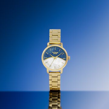 Sonata Poze Quartz Analog Mother of Pearl Dial Golden Metal Strap Watch For Women