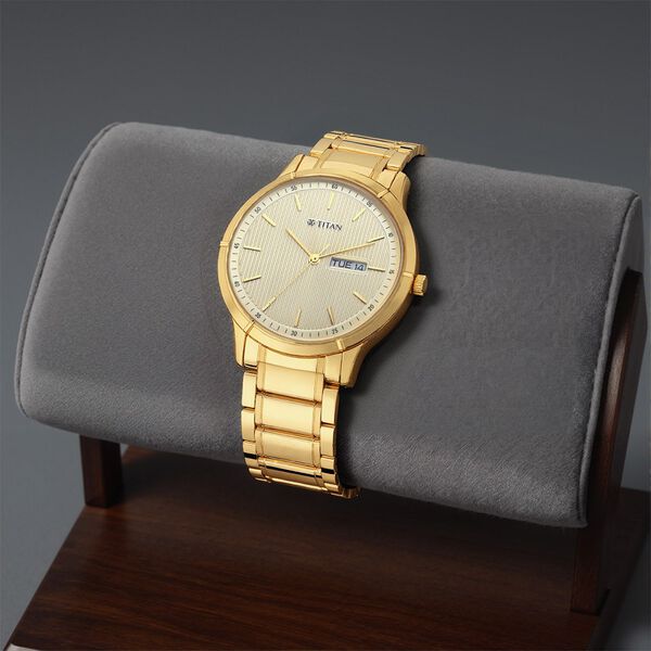 Titan Lagan Yellow Dial Analog with Day and Date Metal Strap Watch for Men - image number 0