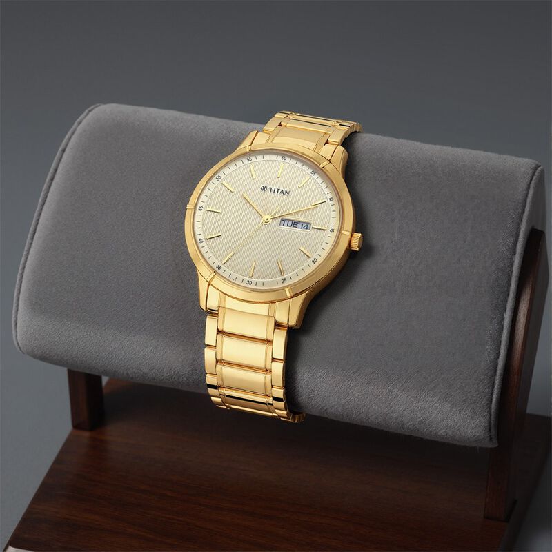 Titan Lagan Yellow Dial Analog with Day and Date Metal Strap Watch for Men