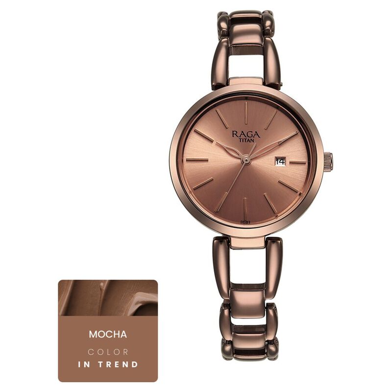 Titan Raga Viva Quartz Analog with Date Rose Gold Dial Brown Metal Strap Watch for Women