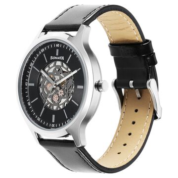 Sonata Unveil Quartz Multifunction Black Dial Leather Strap Watch for Men