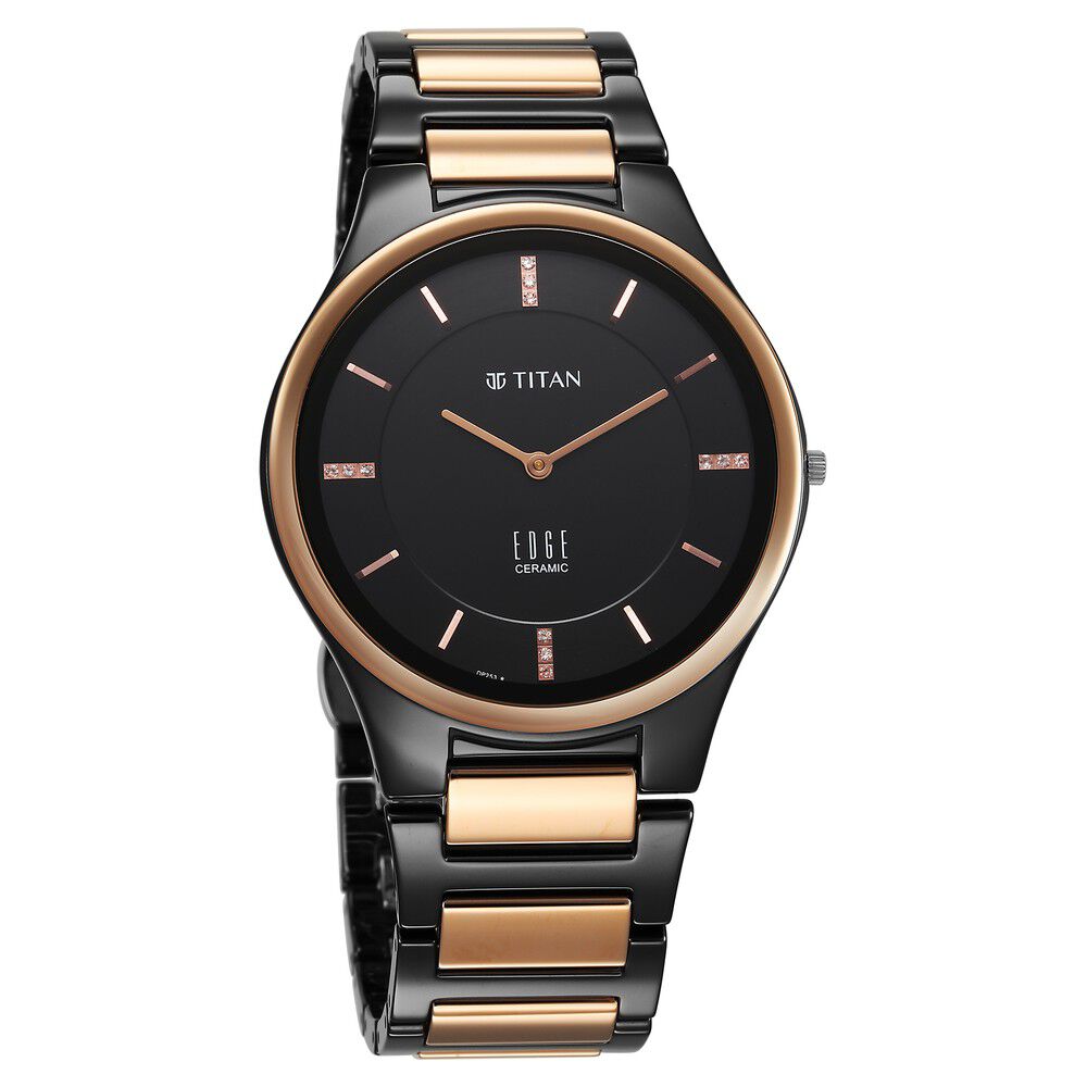 Buy Online Titan Edge Ceramic Slim Midnight Gold Strap Black Dial With Diamonds Analog Watch for Men 1696kc02 Titan