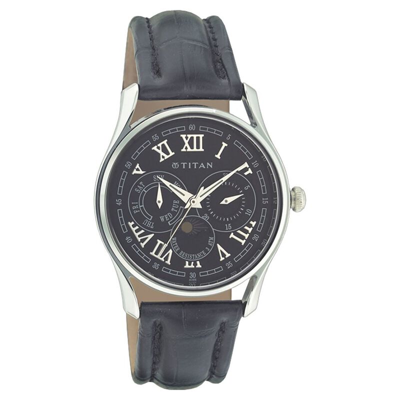 Titan Quartz Multifunction Black Dial Leather Strap Watch for Men