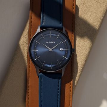 Titan Classique Slimline Blue Dial Analog with Date Leather Strap watch for Men
