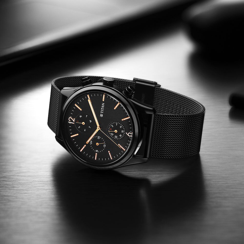 Buy Online Titan Neo Black Gold Quartz Analog with Day and Date Black Dial Stainless Steel Strap Watch for Men ns1805nm05 Titan