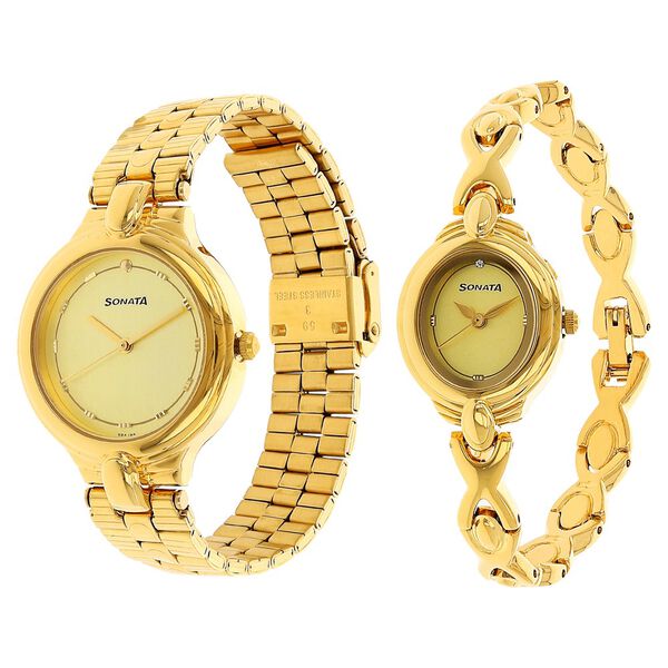 Sonata Quartz Analog Golden Dial Stainless Steel Strap Watch for Couple - image number 1