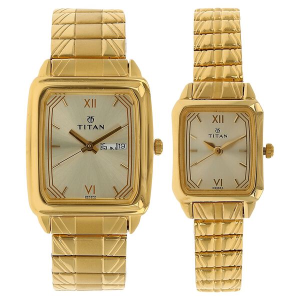 Titan Quartz Analog with Day and Date Champagne Dial Metal Strap Watch for Couple - image number 0