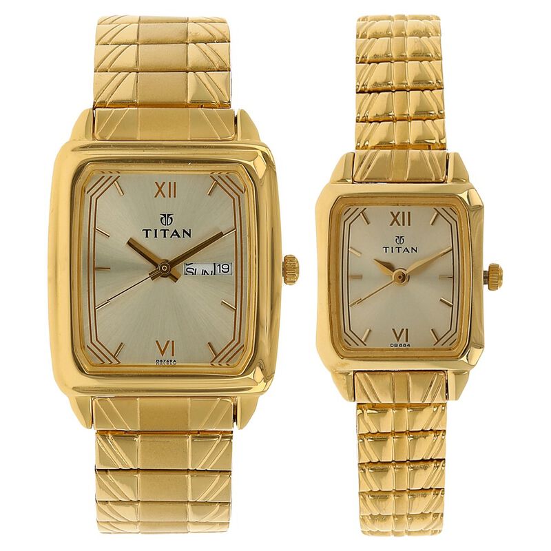 Titan Quartz Analog with Day and Date Champagne Dial Metal Strap Watch for Couple