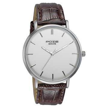 Sonata Poze Quartz Analog Silver Dial Brown Leather Strap Watch For Men