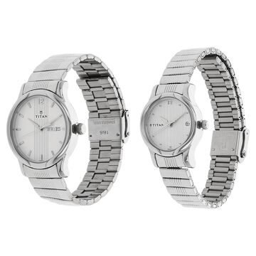 Titan Quartz Analog with Day and Date Silver Dial Stainless Steel Strap Watch for Couple