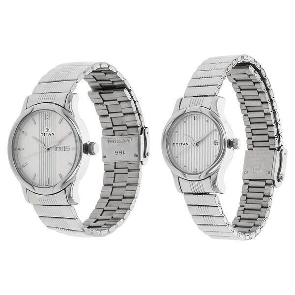 Titan Quartz Analog with Day and Date Silver Dial Stainless Steel Strap Watch for Couple - image number 1
