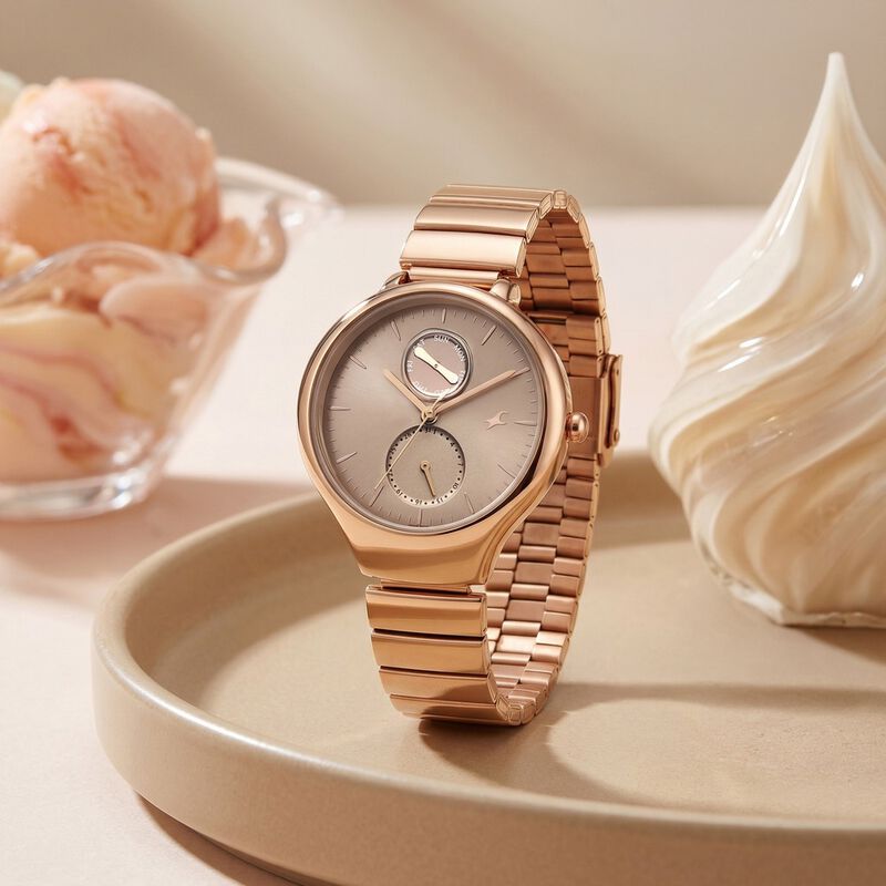 Fastrack Gelato rosegold multifunction metal strap watch with Caramel dial for Girls