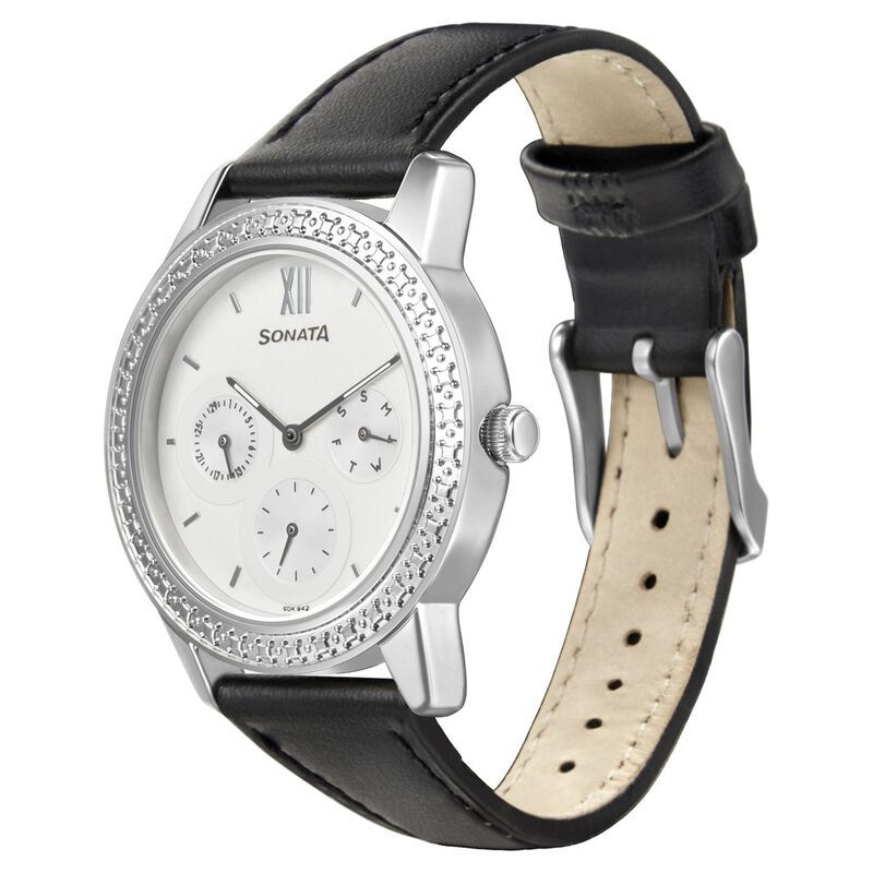 Sonata Multifunctions White Dial Women Watch With Leather Strap - image number 1