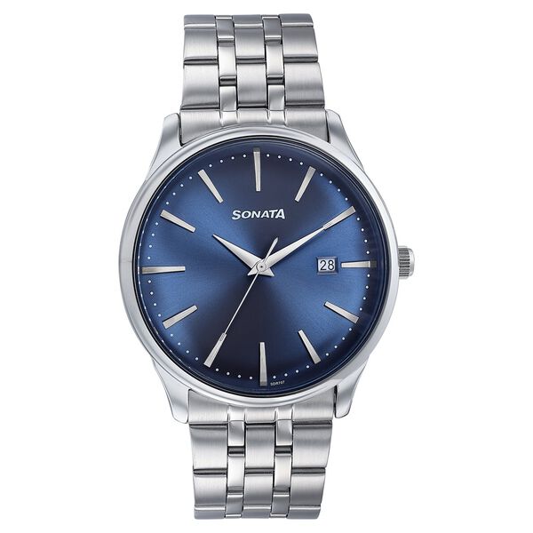 Sonata Wedding Edit Quartz Analog with Date Blue Dial Stainless Steel Strap Watch For Men - image number 0