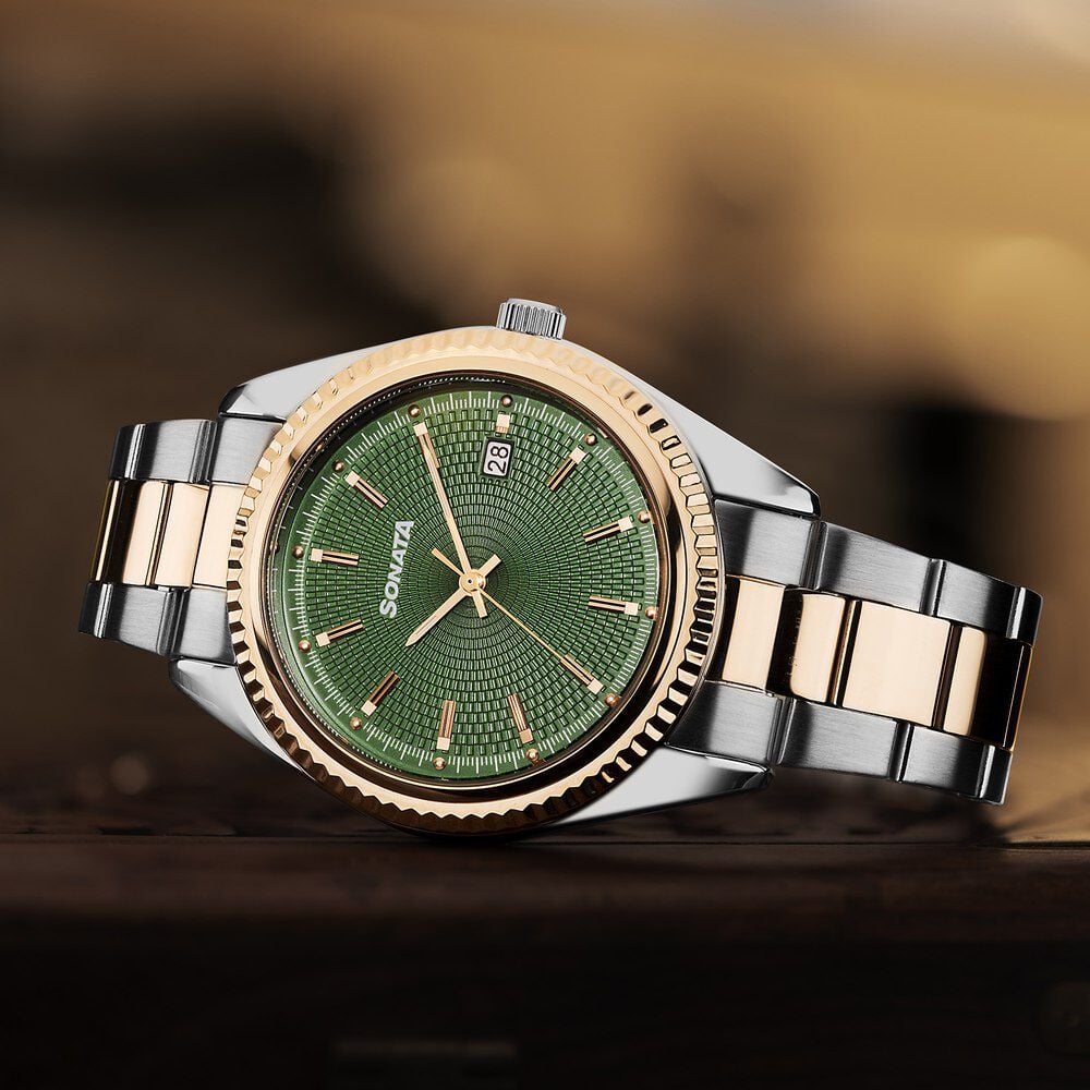 Sonata Festive Quartz Analog with Date Green Dial Metal Strap Watch For Men-image-30