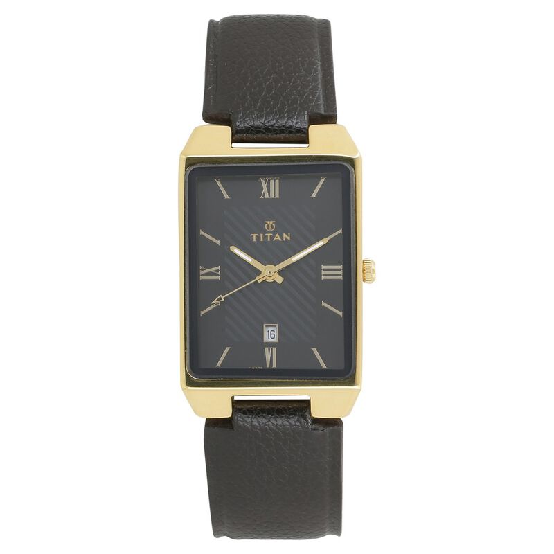 Titan Rectangle Black Dial Analog with Date Leather Strap watch for Men
