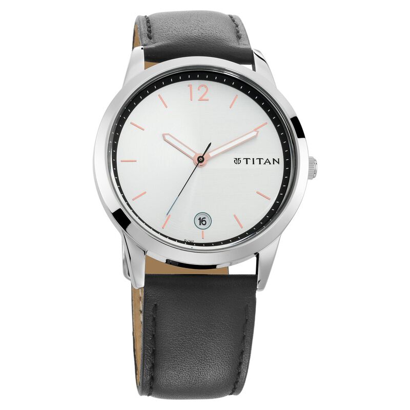 Titan Workwear Silver Dial Analog with Date Leather Strap Watch for Men