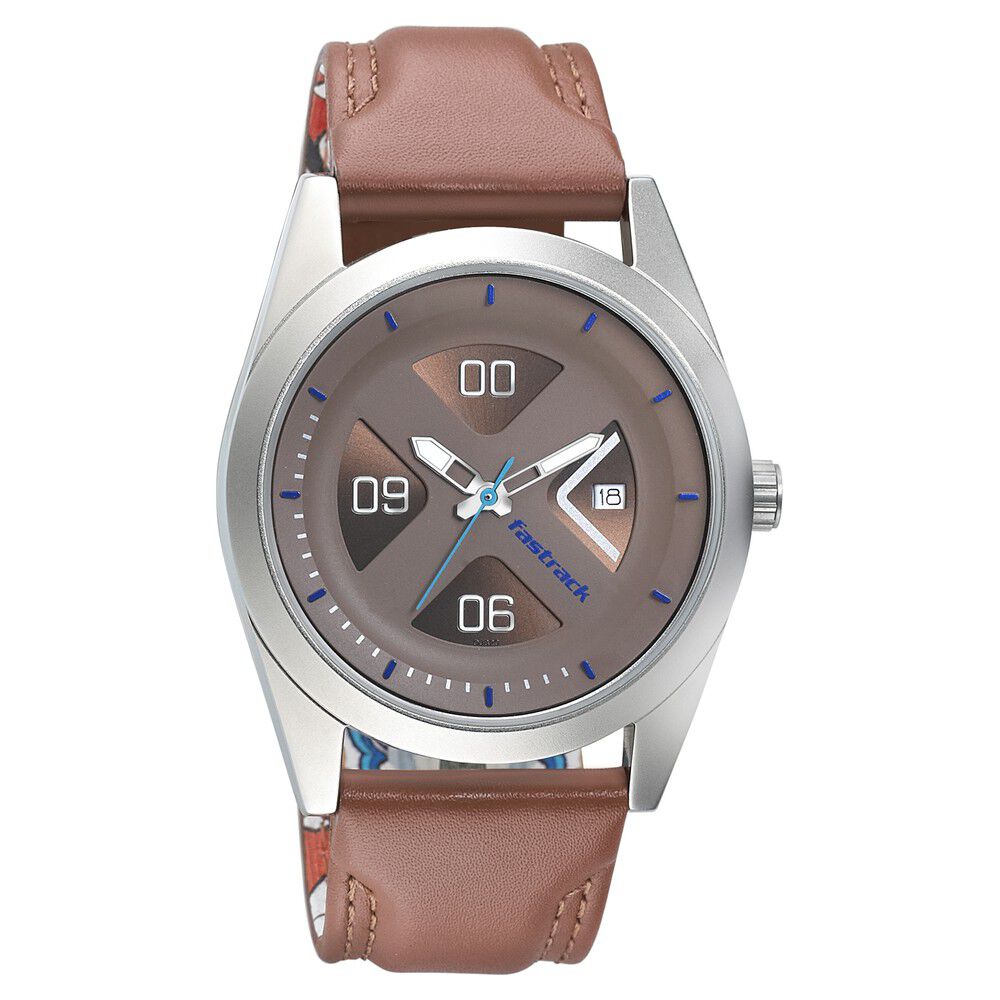 Buy Online Fastrack Go Skate Quartz Analog with Date Brown Dial Leather Strap Watch for Guys ns3218sl01 Titan