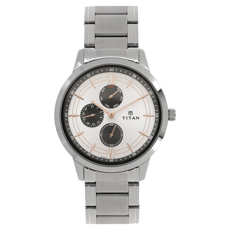 Titan Workwear White Dial Quartz Multifunction Stainless Steel Strap watch for Men