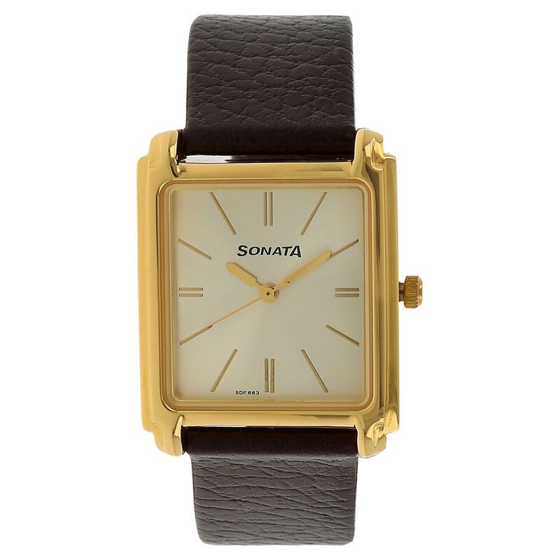Sonata Quartz Analog Champagne Dial Leather Strap Watch for Men