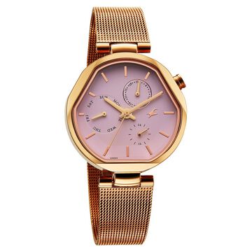 Fastrack Tick Tock Quartz Multifunction Pink Dial Stainless Steel Strap Watch For Girls