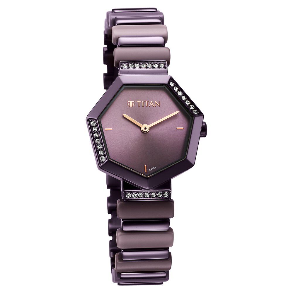 Buy Online Glitz Purple Dial Metal Plastic Strap Watch for Women ns95207qd01 Titan