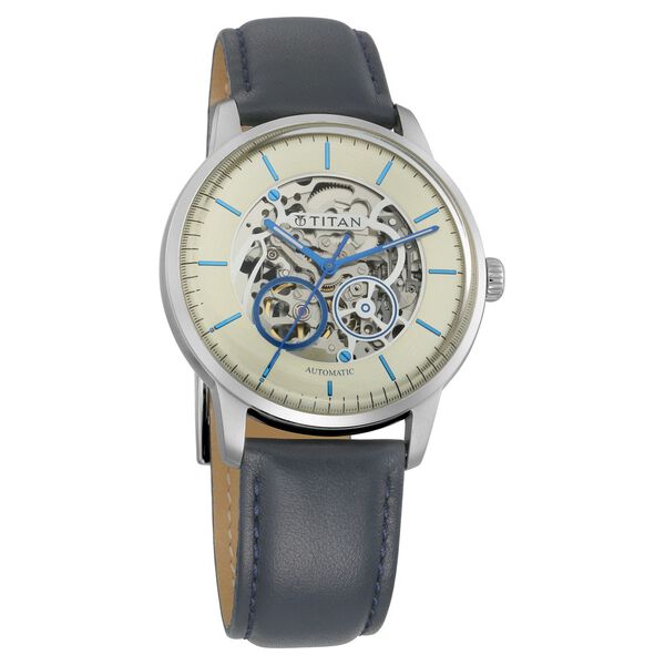 Titan Automatic Champagne Dial Blue Leather Strap Watch for Men - image number 1